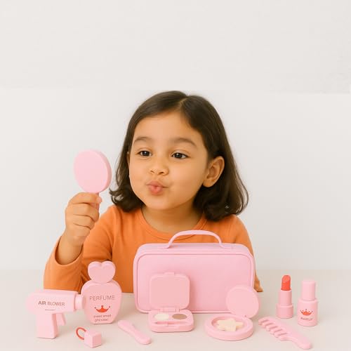 Image of Wudly Wooden Makeup Play Set - Pretend Beauty Kit for Kids with Mirror, Brush & Accessories - Ideal for Imaginative Role Play and Skill Development