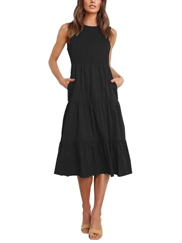 Image of Atizon Womens Summer Sleeveless Dresses with Pockets Smocked Tiered Midi Beach Sundress