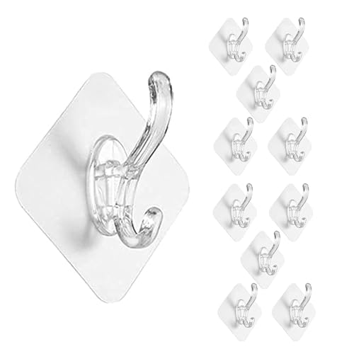 Image of BRAND VILLA Self Adhesive Wall Hooks Pack of 10 | Heavy Duty Transparent Waterproof Sticky Hooks | No Drill Utility Wall Hooks for Bathroom Kitchen Towels Keys Clothes Bags Robes