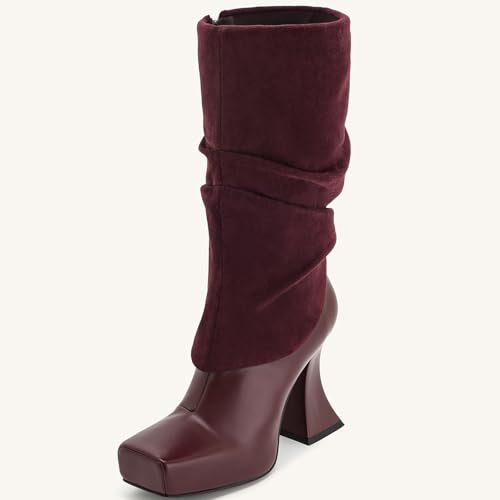 Women's Platform Mid Calf Boots High Chunky Heel Square Toe Fold Over Boots with Side Zipper Dress Shoes3