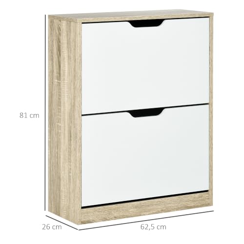 Miniatura 3 de Homcom Zapatero Estrecho, 2 Puertas Abatibles, Zapatero Entrada Recibidor Para 8 Pares De Zapatos, Para Pasillo, Espacios Reducidos, 62,5x26x81 Cm, Roble Y Blanco