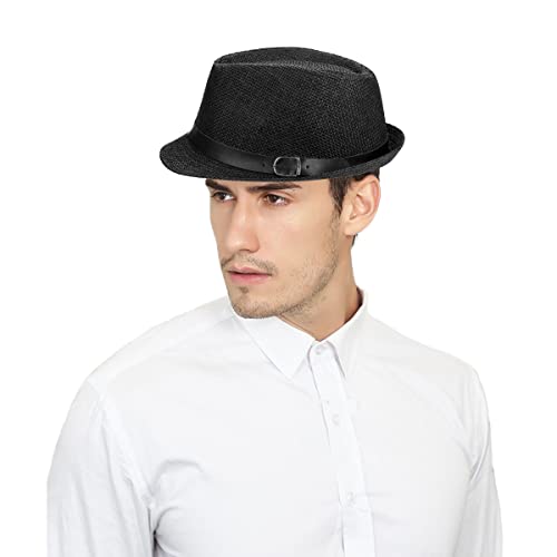 Image of SIQITECHNO Straw Fedora Sun Hat Straw Cowboy Hat for Women Men Classic Short Brim Fedora Trilby Roll Up Panama Jazz Beach Cap