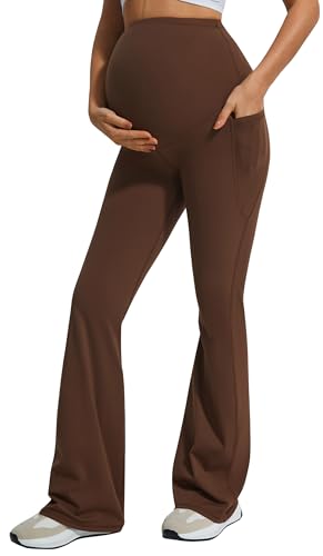 JOYSPELS Smooth Feeling Flare Maternity Leggings Over The Belly with Pockets Soft Bootcut Pregnancy Yoga Pants, Coffee, Large