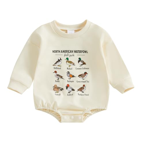 Image of Chloefairy Duck Hunting Baby Clothes Baby Boy Mallard Duck Sweatshirt Bubble Romper Long Sleeve Bodysuit Fall Outfit (Beige B, 0-3 Months)