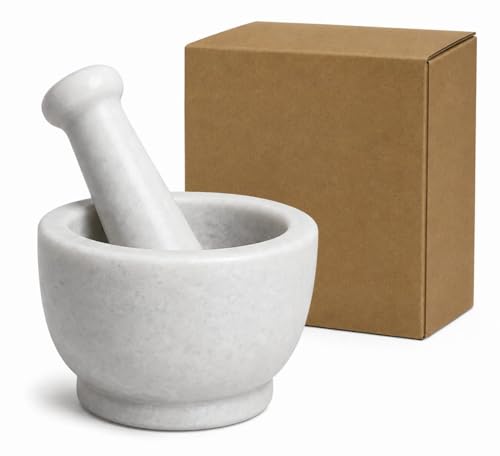 Image of STONE CRAFT White Marble Mortar and Pestle for Kitchen | Okhli Musal | Stone Grinder for Kitchen | Kharal Khalbatta | Granite Rolu Rokali | Herbal Spice Crusher Set