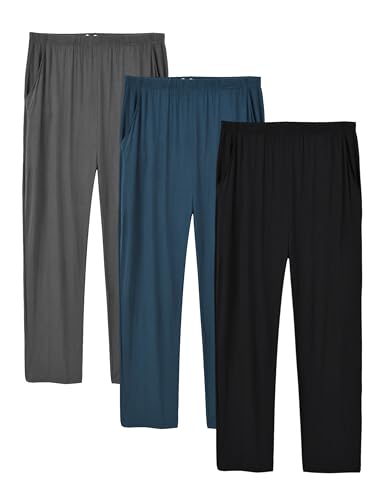 Image of JINSHI Mens Pajama Pants Soft Modal Pj Pant Thin Loose Long Pajama Bottoms Sleepwear Lounge Pants with Pockets 3 Pack （XL,Black /Lake Blue /Dark Grey