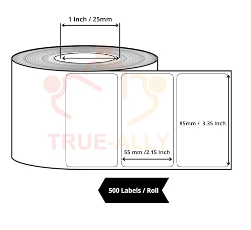Image of True-Ally 85x55 Direct Thermal (DT) Barcode Label Sticker - 3.35 x 2.15 inch - 85mm x 55mm - 500 Labels /Roll - White Self Adhesive for Printing Barcoding (1 Roll Per Pack(500Labels))