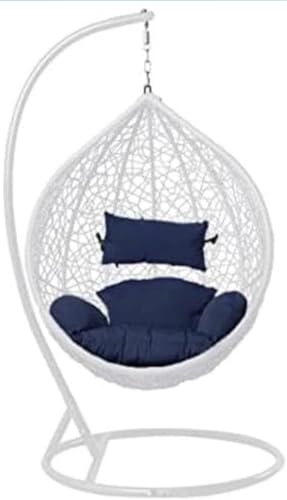 Image of Single Seater Swing Chair with Stand and Cushion Hammock Swing for Adult Outdoor Indoor Garden Living Room Balcony Hanging Chair (White Blue)
