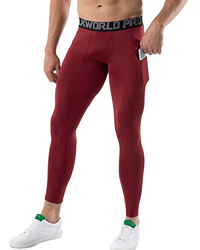 Silkworld Men's Compression Pants Pockets Cool Dry Athletic Leggings Baselayer Sports Running Tights (Pack Of 2), 2 Pack_Black+Dark Red, Medium #TOP3