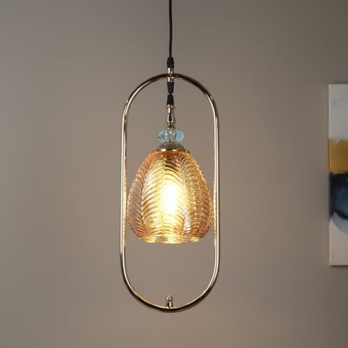 Image of ELIANTE Modern Glass Hanging Light for Living Room & Dining Area | Metal Ceiling Lamp with Elegant Glass Shade | 3 Years Warranty | Free Bulb (Amberic)