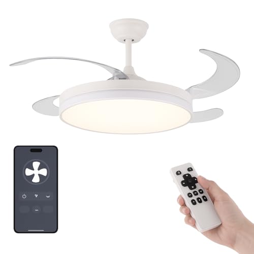 VENTILADOR TECHO LED APP MOVIL FACIL MONTAJE TECHO DC LED ATENUABLE RETRACTIL 4 ASPAS - Opción Sin Pitido, Temporizador, Invierno Verano, 3 Tonos, Modo Brisa, Bajo consumo (Blanco, 107D)