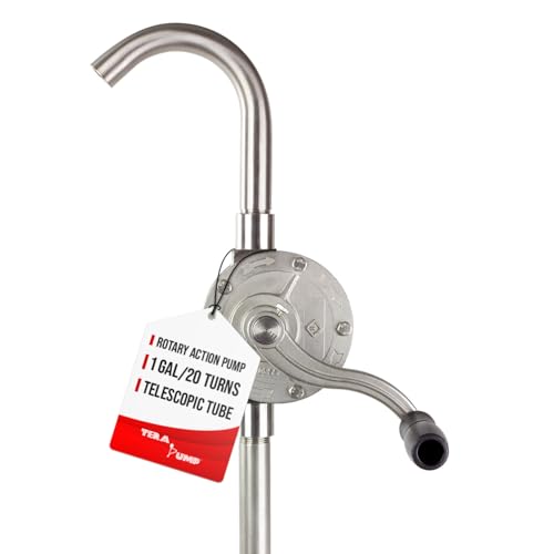 TERA PUMP Drehbare Handpumpe aus Edelstahl für 15 bis 55 Gallonen, geeignet für Gas, Diesel, Frostschutzmittel, Säuren, Chemikalien, DEF, E85, nicht korrosive Flüssigkeiten; mit verstellbarem Saugrohr