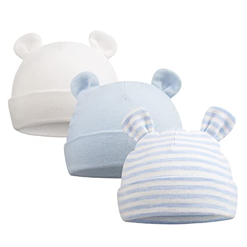 Image of Original Cotton Newborn Hats for Girls Striped Preemie Baby Hats Bear Ears Infant Boys Beanies 0-6 Months