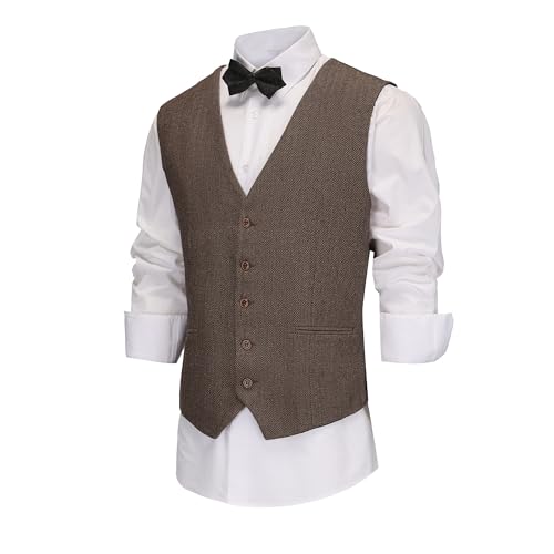 MllesReve Mens Suit Vest Herringbone Tweed V Neck Slim Fit Formal Vests Casual Business Waistcoat
