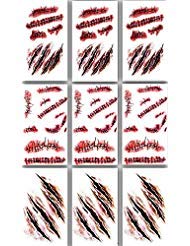 9 Sheets Realistic Scar Temporary Tattoos, Fake Stitches and Scratch Wound Transfers, Horror Makeup Effects for Halloween, Cosplay, Haunted Houses, Stage Shows and Character Looks and More CZ-136