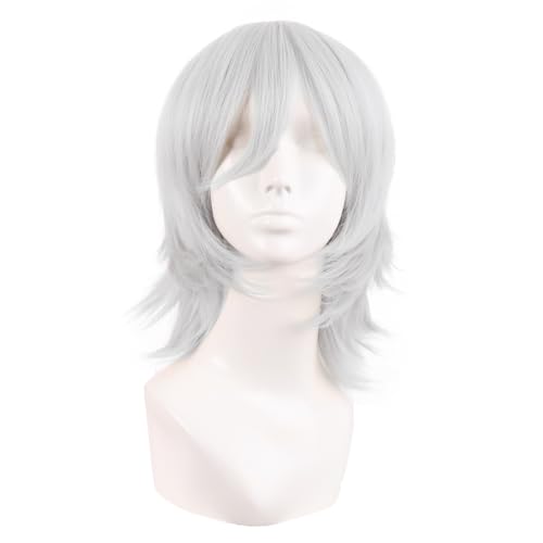 MapofBeauty 14 Inch/35 cm Short Cosplay Wolf Tail Synthetic Side Bangs Party Wig (Silver)