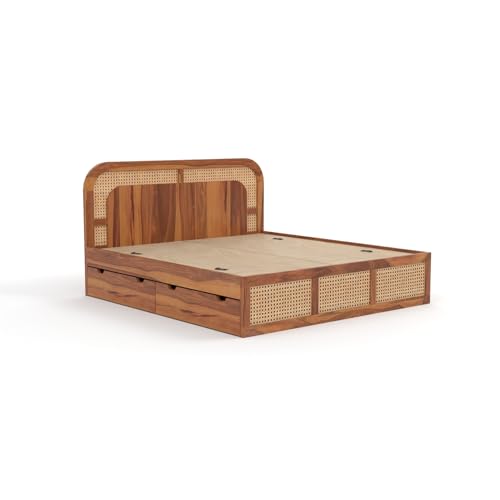 Image of Sheesham Wood Cane Bed with Drawer Storage for Bedroom | Queen Size Wooden Double Bed Palang with Curved Rattan Headboard & Footboard (Honey Finish)
