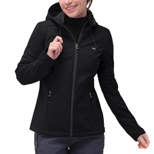 33,000ft Chaqueta Softshell para mujer impermeable, cortavientos, funcional, transpirable, ligera, con capucha, Windbreaker para correr, andar en bicicleta, senderismo, Negro , 38
