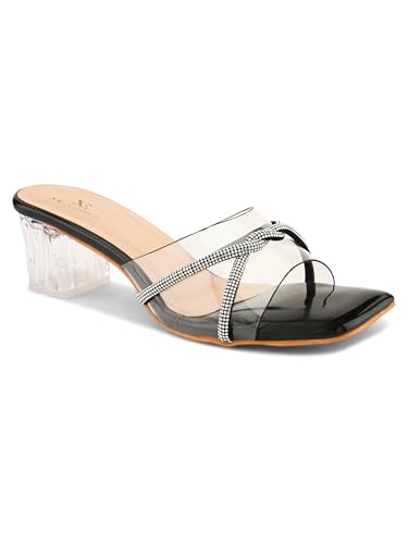Image of XE Looks Patent Block Heels with Transparent Straps | Rhinestone Embellished Upper | Stylish Square Toe Sandals | Glossy Block Heels for Girls