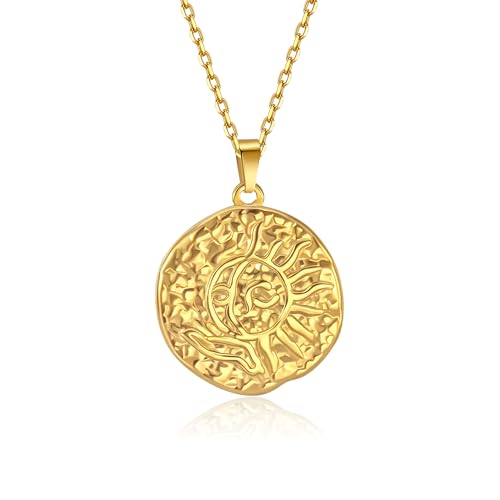 DNBVII 18K Gold Plated Hammered Sun Relief Coin Pendant Necklace for Women,Byzantine/Bohemian Style,18" Chain(Gold)