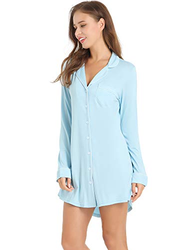 Amorbella Joyaria Joyaria Womens Button Down Nightshirt Long Sleeve Sleep Shirt Viscose Pajama Top Nightgown (Light Blue, Large)