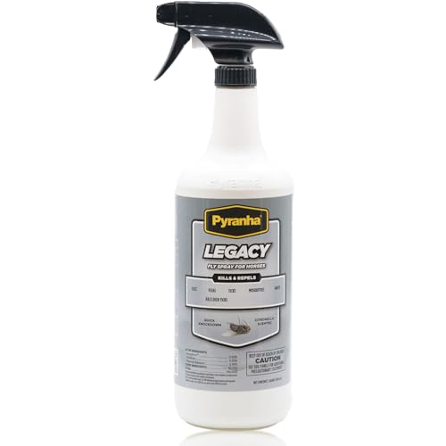 PYRANHA Legacy Fly Spray for Horses - Water-Based Long Lasting Fly Control Repels Horn Deer Horse House Stable & Face Flies Ticks Mites Mosquitoes Gnats & Lice 1 Quart