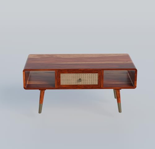 Image of DRIFTINGWOOD Amber Solid Sheesham Wood Coffee Table with Rattan Drawer | Mid-Century Center Table for Living Room with Open Storage | Honey Finish