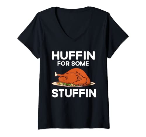 Mujer Huffin Para Algún Stuffin Turquía Bendito Agradecido Acción de Gracias Camiseta Cuello V