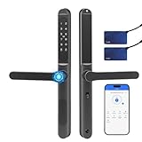Sliding Door Smart Lock Keyless Entry Sliding Door Lock with Fingerprint Code IC Card Keypad Digital Key APP Remote Replacment Slim Thin Frame Patio Door with Handle (Black-Left Handle)