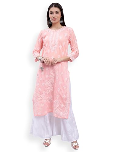 Image of Seva Chikan Hand Embroidered Lucknowi Chikankari Terivoil Cotton Regular Fit Straight Kurta for Women SCL4351