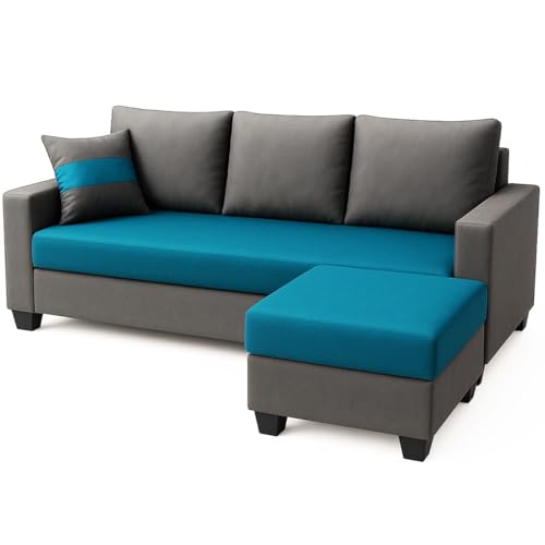 Image of FURNY Iira Sofa Set 3 Seater Velvet Fabric (Aqua Blue - Dark Grey) with 2 Ottoman | Modular Design | Living Room Furniture | Modern Stylish Sofa for Home