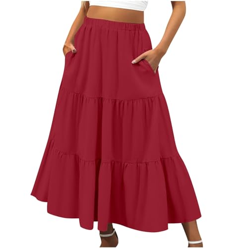 Summer Maxi Skirt for Women Boho Lightweight Flowy Tiered Long Beach Skirts with Pockets, Red, Large