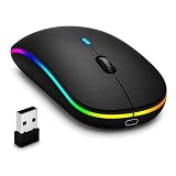 Mouse Sem Fio Recarregável Bluetooth 2.4G + USB, Design Ergonômico Slim, Clique Silencioso, DPI Ajustável, LED RGB, para Notebook, PC, Mac, Desktop e Laptop, Cor Preto