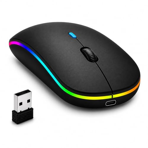 Mouse Sem Fio Recarregável Bluetooth 2.4G + USB, Design Ergonômico Slim, Clique Silencioso, DPI Ajustável, LED RGB, para Notebook, PC, Mac, Desktop e Laptop, Cor Preto
