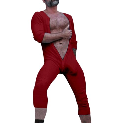 Generisch Jumpsuit pour Homme en Une Pièce Body Bodysuit pour Adultes Strampler Pyjama Uni Onesie Vêtements de Nuit Pyjamas à Manches Longues pour la Maison Sous-vêtements Stretchy, rouge, XXL