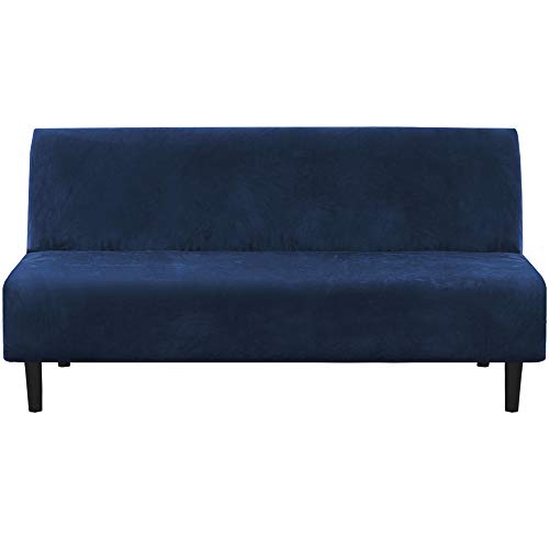 H.Versailtex Housse de canapé futon en peluche de velours véritable - Housse de canapé extensible sans accoudoirs - Protection de meubles avec élastique en bas - Antidérapante - Lavable - Bleu marine Cover