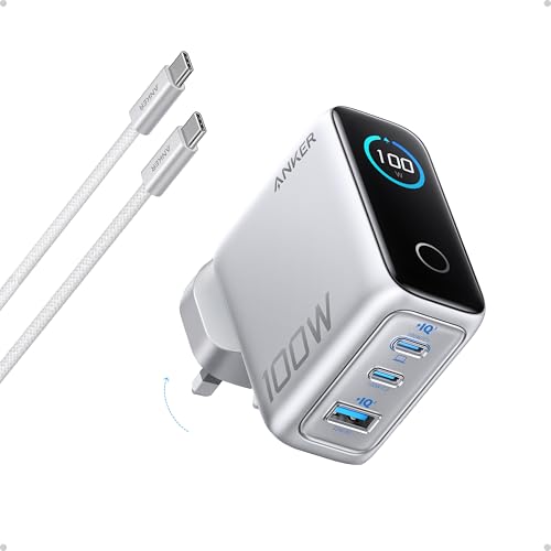 Anker Charger, 100W Max Usb C Charger, 3-Port Gan And Ultra-Compact Wall Adapter, Smart Display And Touch Control, For Macbook, Ipad, Iphone 17/16/15 