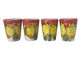 Hand Painted Italian Ceramic Shot Glasses Set of 4, 1.2 oz Lemon Limoncello Cups, Red Ceramic Shot Glass Set, Mediterranean Pottery Drinkware, Handmade Tequila & Tasting Cups