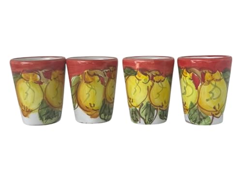 Hand Painted Italian Ceramic Shot Glasses Set of 4, 1.2 oz Lemon Limoncello Cups, Red Ceramic Shot Glass Set, Mediterranean Pottery Drinkware, Handmade Tequila & Tasting Cups