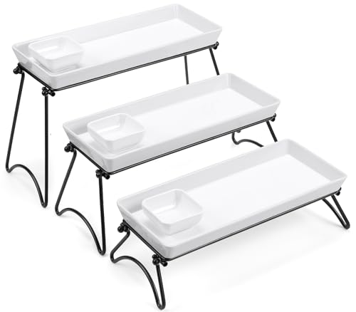 Yedio 3 Tier Serving Tray Set, 14' White Porcelain Platters with Collapsible Metal Stands, Tiered Serving Stand for Party Food Display, Cupcakes, Desserts, Fruit & Appetizers