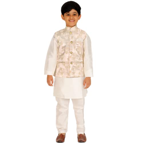 Image of Pro-Ethic Style Developer Kurta Pajama For Kids Boys With Waistcoat | Silk | Floral | Traditional Dress (S-209)