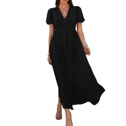 Women Summer Casual Midi Dress Puff Sleeve V Neck Ruched Button Front Split Boho Beach Vacation Wedding Dresses 2025