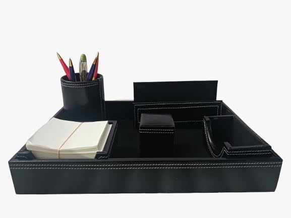 Image of LUVYANSH Genuine Leather Multipurpose Desk Organizer 6-in-1 Desktop Pen Stand With Business Card Holder Mobile Holder & Remote Stand for Office Desk Table Storage Organizer Box(BLACK) Colour