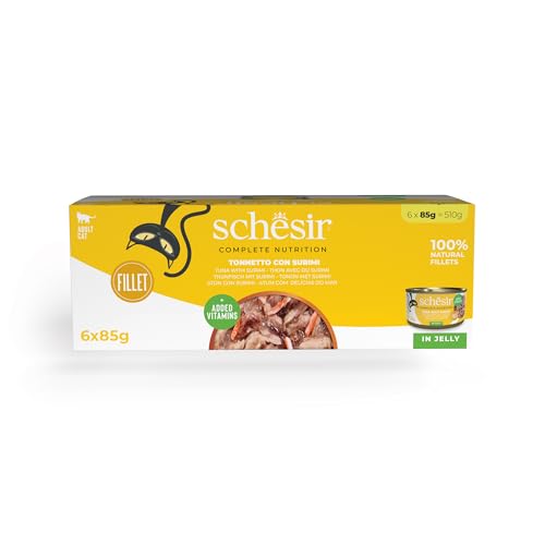 Schesir, Tonnetto con Surimi in Gelatina, Cibo Umido Completo per Gatti, Con Vitamine Aggiunte, 100% Naturale, 6 lattine da 85g