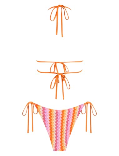 Image of ZAFUL Halter Swimsuits for Women Textured Backless 2 Piece Bathing Suits Cheeky High Cut String Tie Side Bikini Sets