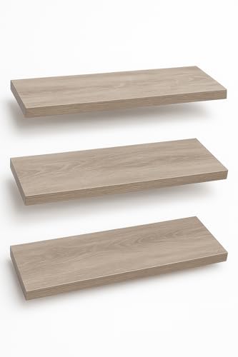SolidRobust– Lote 3 Estanterías Madera Natural Maciza–Estante Flotante con Vetas Naturales–Decoración Rústica–Repisas Libros–Armario de Baño–Balda Resistente –17x2,5x60 cm (Greige(Beige Y Gris))