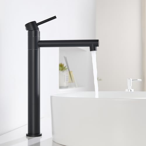 HanCrobiyx Robinet Salle de Bain, Mitigeur Lavabo Haut pour Vasque Pivotant à 360°, Mitigeur Vasque à Poser, Robinet Lave Main Acier Inox, Chaud et Froid Réglable, Noir Mat