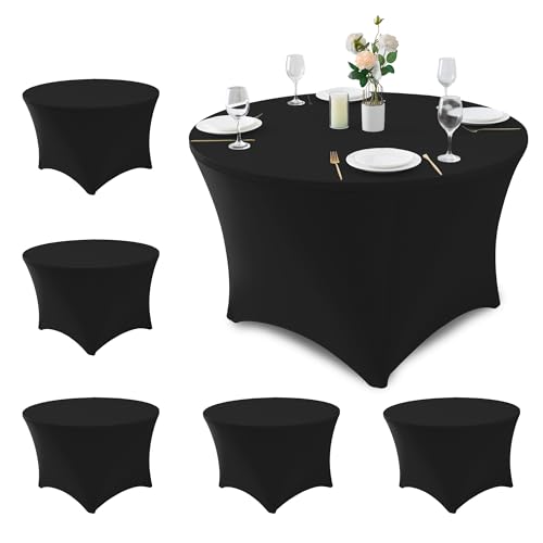 Enjoyidea Fitted Round Table Covers 5ft-Spandex Elastic Table Cloths 6 Pack 60 Inch-Black Small Stretch Folding Tablecloth for Weddings Banquets Restaurant Buffet Event Parties Vendor Stand Tables