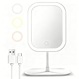 HETIE Espejo de Maquillaje HD con Montaje en Mesa, 3 Colores Ajustables, Aumento 1x/5x, Recargable por USB, Regalo para...