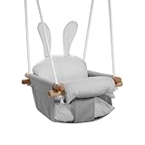 Tulano Hop 33 Grey | Baby Schaukel Hängesitz Indoor & Outdoor | Ab 6 Monaten | Mit Sicherheitsgurt & Kissen | Bis 60 kg belastbar | Baumwollgewebe & Buchenholz | Einfache Montage | Grau